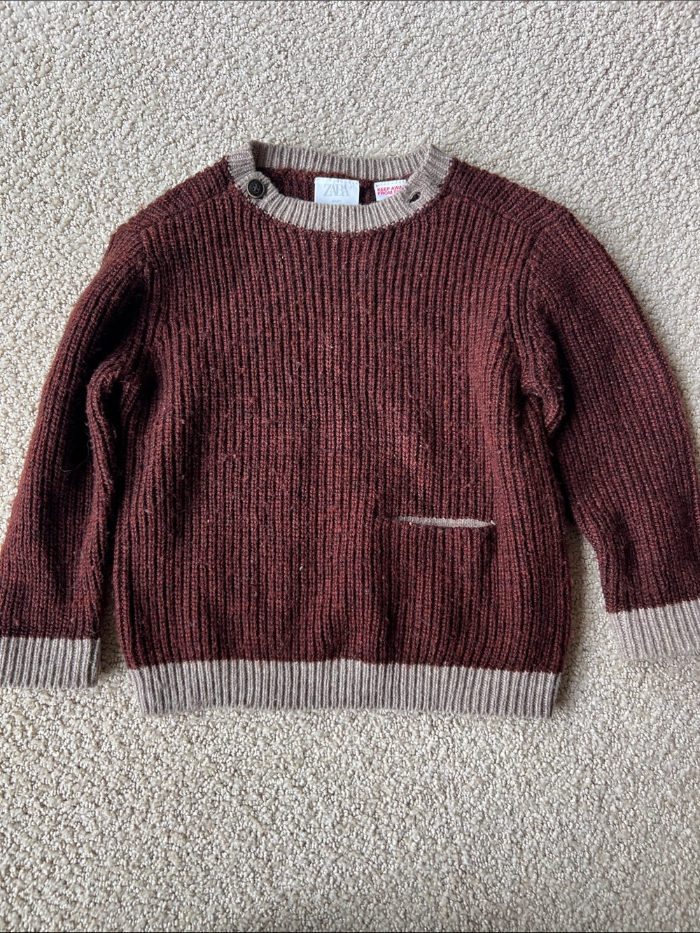 Zara Burgundy Crewneck Sweater with Taupe Trim